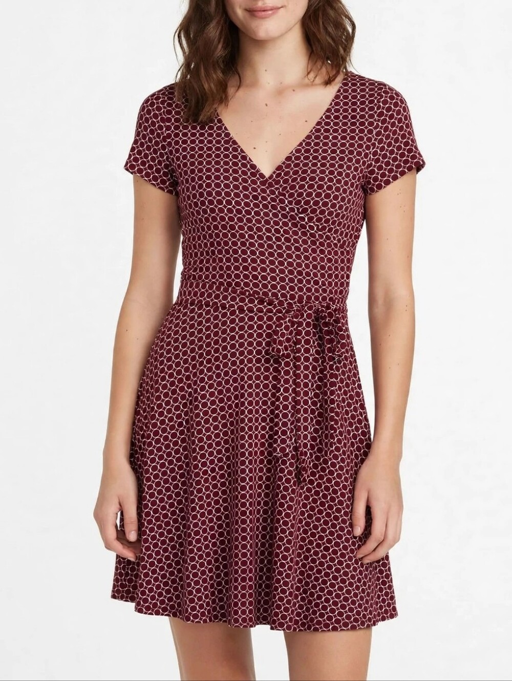 Rebel Sugar Women's Dress Size Small Burgundy Circle Geo Faux Wrap Short Sleeve